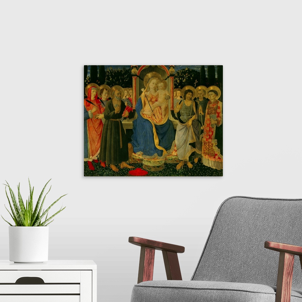 A modern room featuring Zanobi di Benedetto Strozzi, Italian School. Altarpiece of Saint Jerome. On the Predella: Dream a...