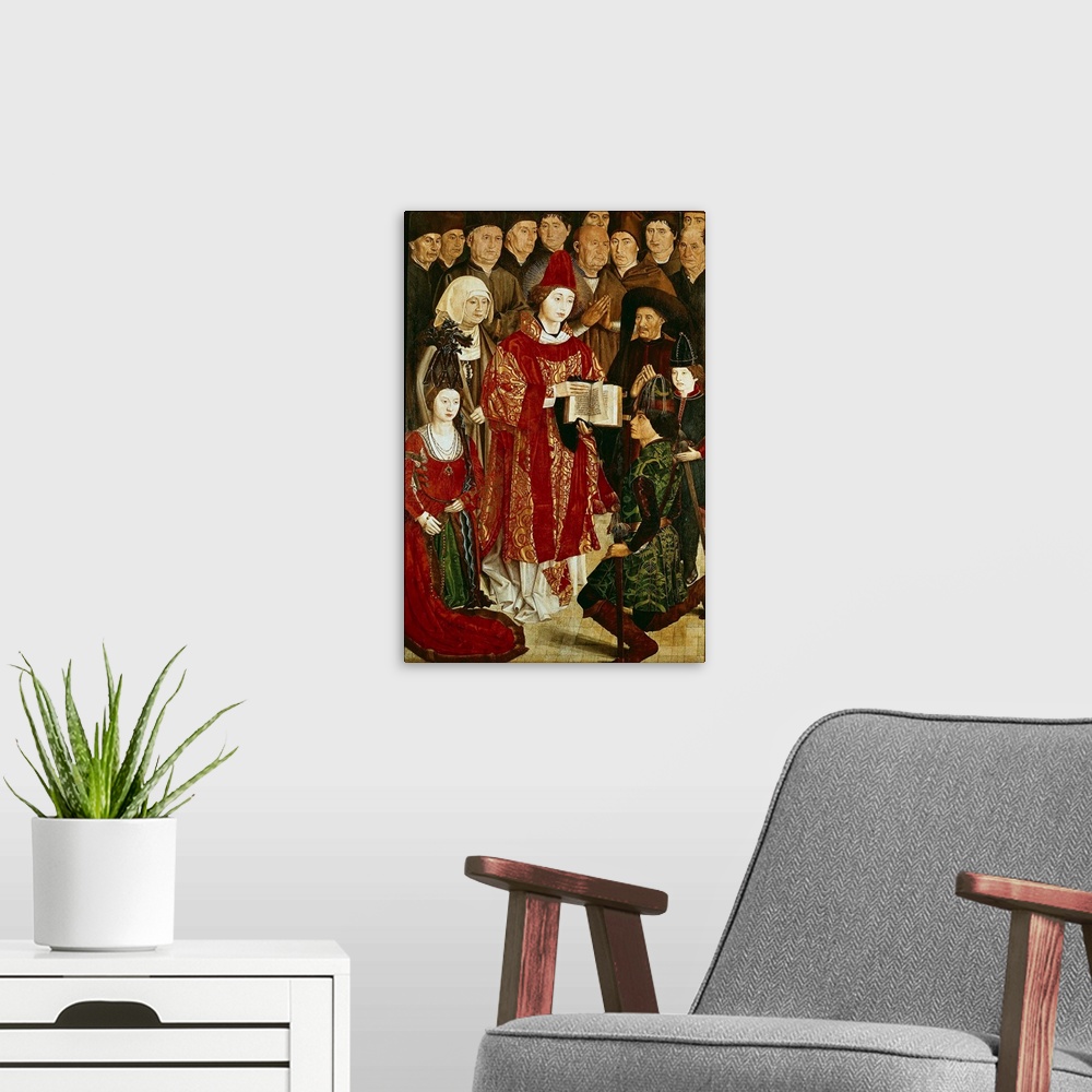 A modern room featuring GON..ALVES, Nuno (1411-1471). Altarpiece of Saint Vincent. 1460s. Detail of the Infant Panel. Got...