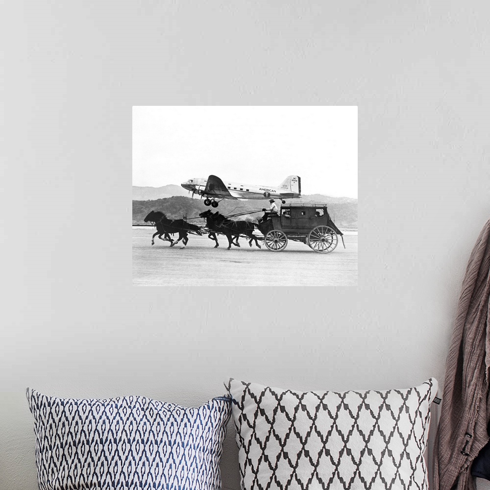 A bohemian room featuring American Airlines DC-3 flying past horse drawn stagecoach. The photo was featured in an American ...