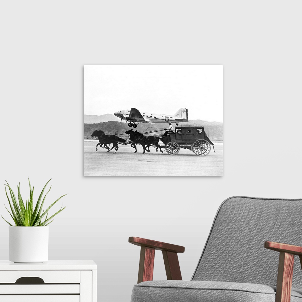 A modern room featuring American Airlines DC-3 flying past horse drawn stagecoach. The photo was featured in an American ...