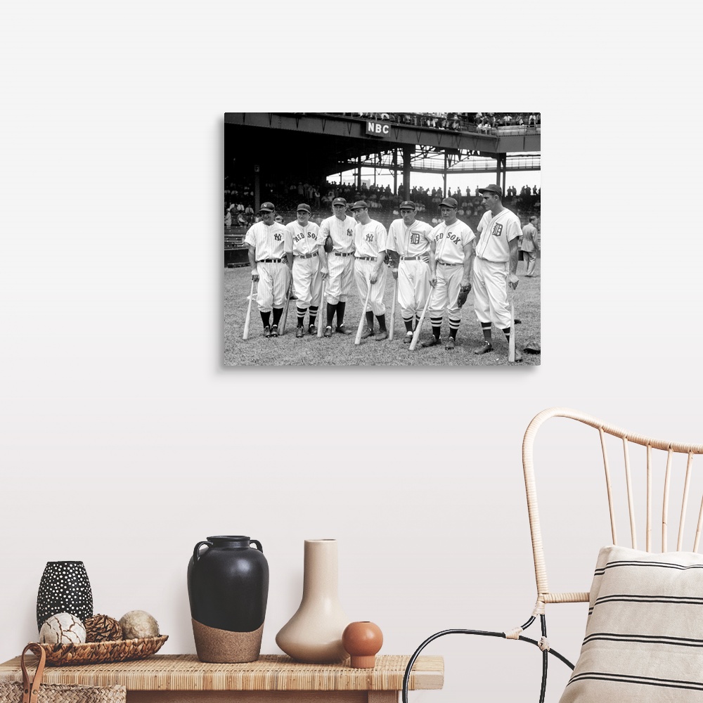 A farmhouse room featuring American League baseball greats in the line-up of the 5th All-Star Game played on July 7, 1937. P...