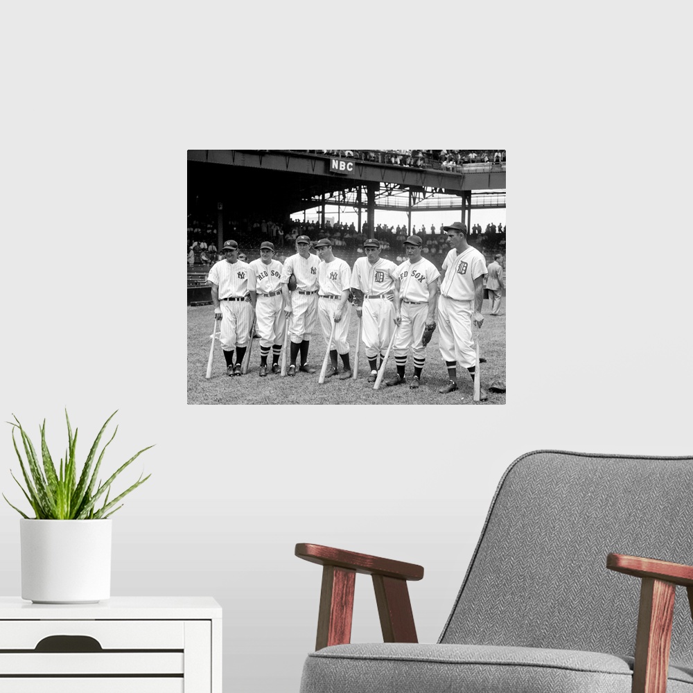 A modern room featuring American League baseball greats in the line-up of the 5th All-Star Game played on July 7, 1937. P...