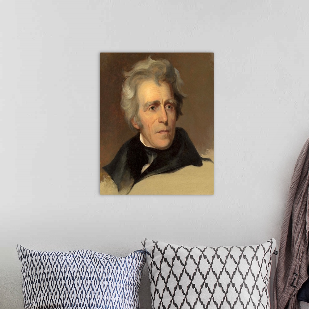 A bohemian room featuring Andrew Jackson, by Thomas Sully, 1845, American painting, oil on canvas. This 1845 painting is ba...
