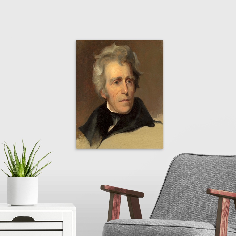 A modern room featuring Andrew Jackson, by Thomas Sully, 1845, American painting, oil on canvas. This 1845 painting is ba...