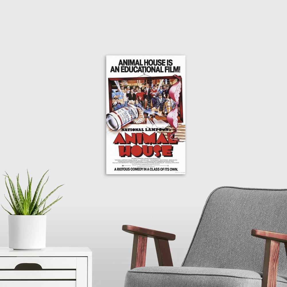 A modern room featuring Animal House, (aka National Lampoon's Animal House), British Poster Art, 1978.