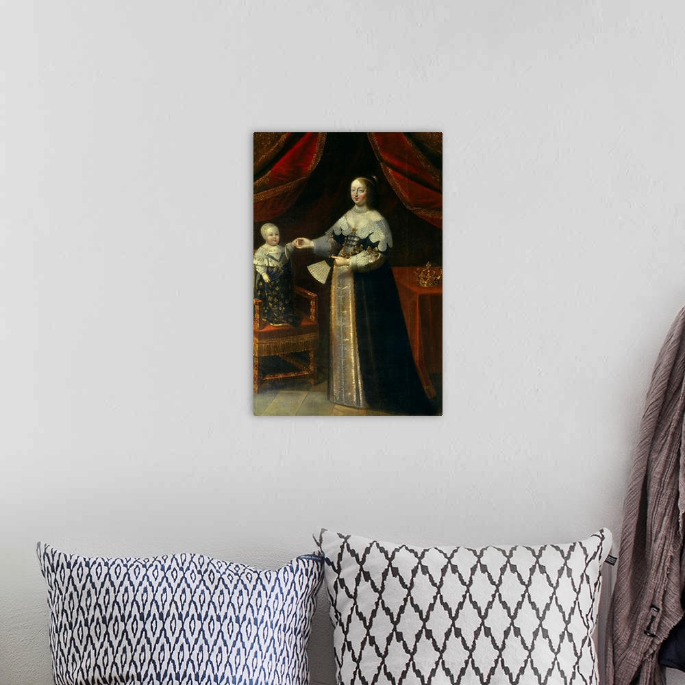 A bohemian room featuring French School. Full length Portrait of Anne of Austria, Queen of France, with Louis XIV as a Chil...