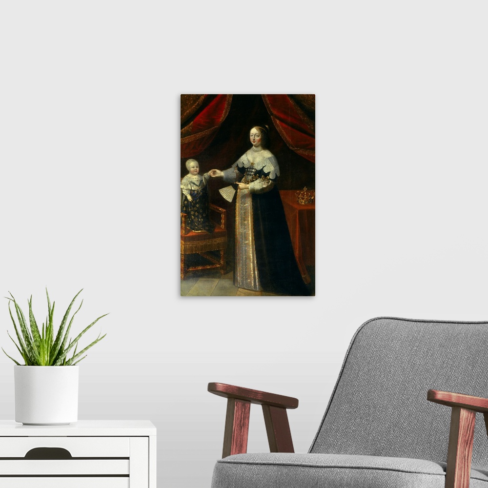 A modern room featuring French School. Full length Portrait of Anne of Austria, Queen of France, with Louis XIV as a Chil...