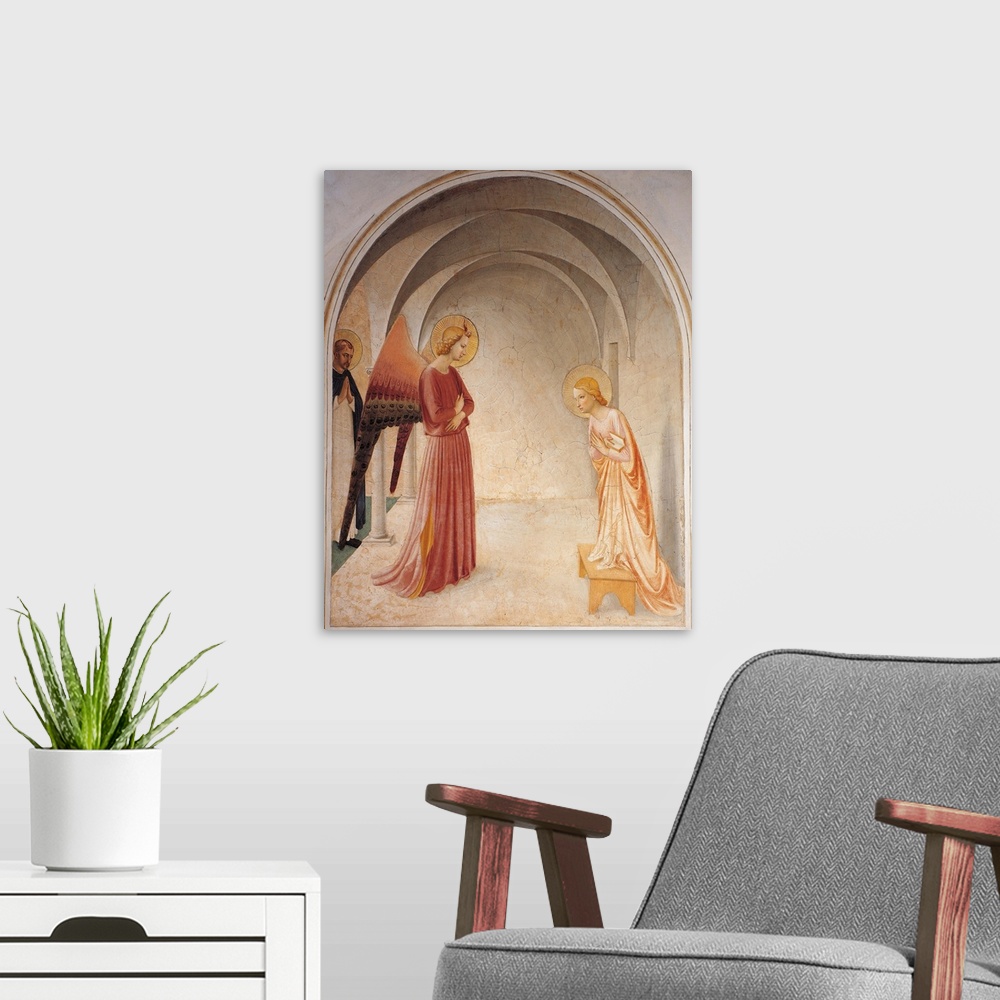 A modern room featuring The Annunciation, by Guido di Pietro (Piero) known as Beato Angelico, 1438 - 1446 about, 15th Cen...