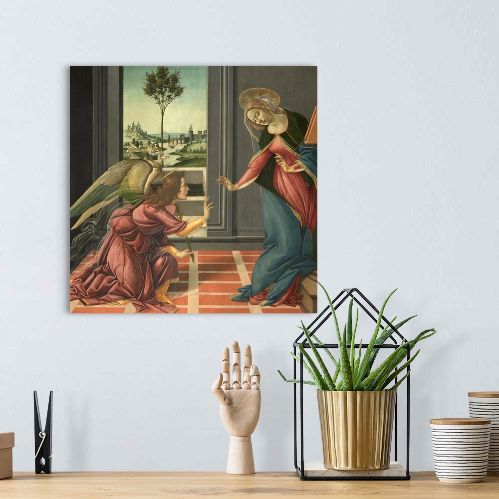 A bohemian room featuring The Annunciation, by Sandro Filipepi Known as Botticelli, 1489 - 1490, 15th Century, panel, cm 15...