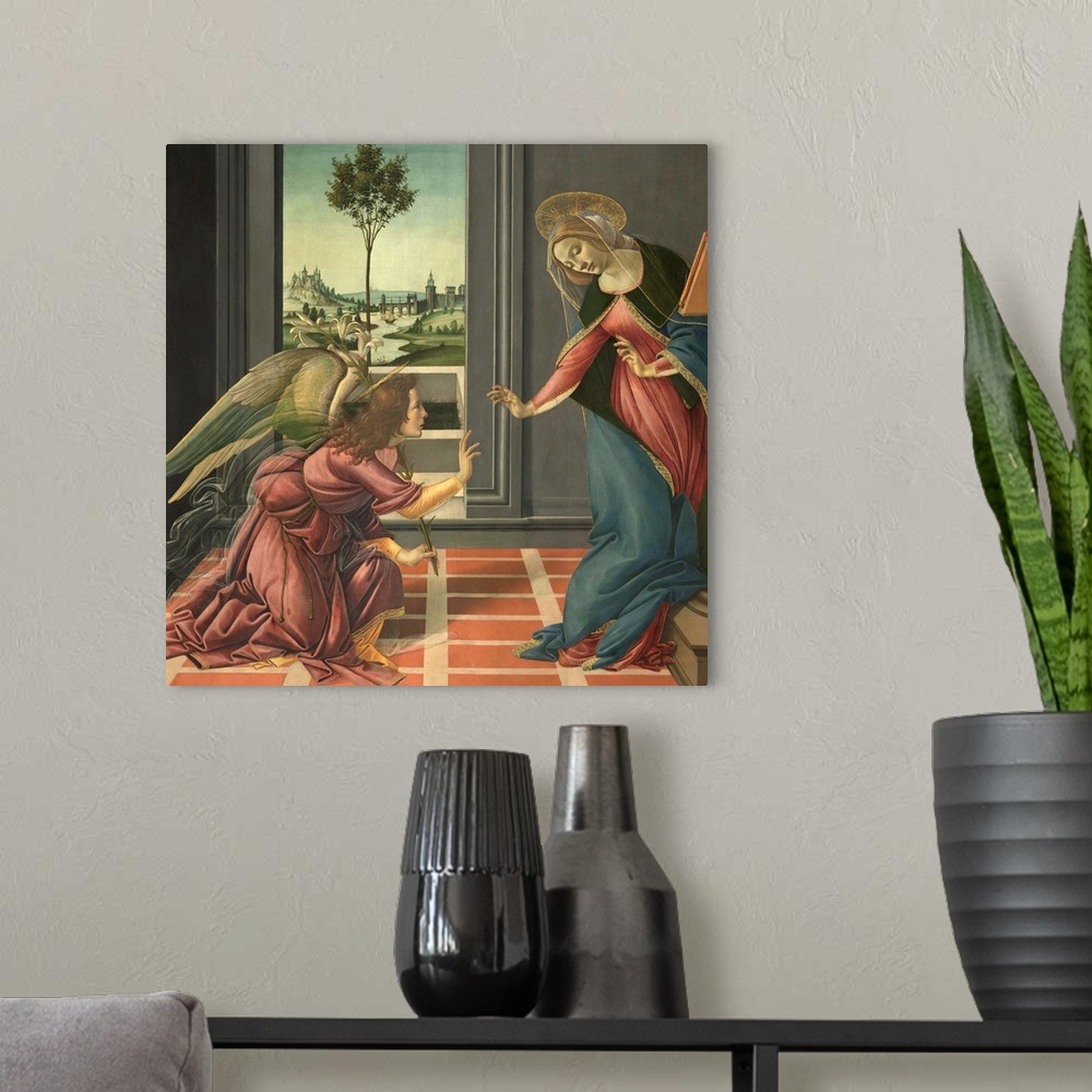 A modern room featuring The Annunciation, by Sandro Filipepi Known as Botticelli, 1489 - 1490, 15th Century, panel, cm 15...