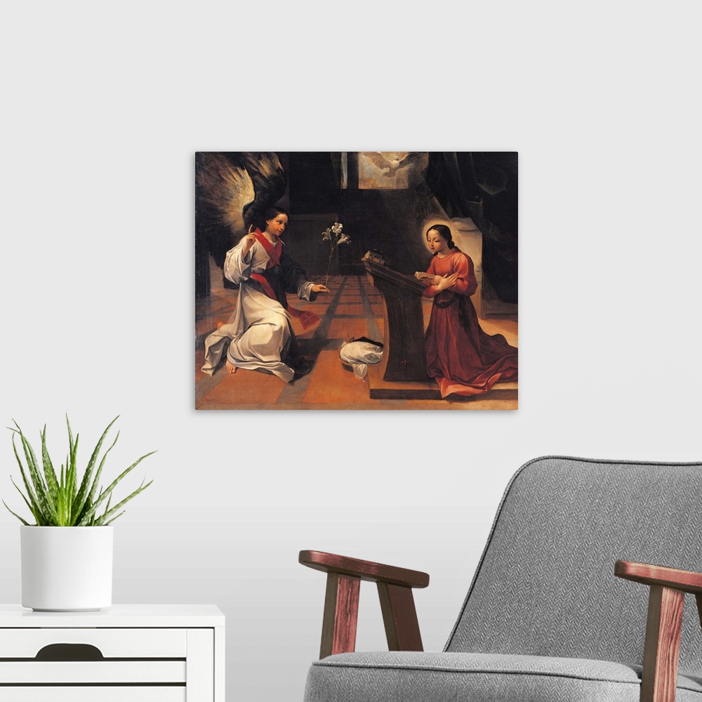 A modern room featuring Annunciation, by Ludovico Carracci, 1585 about, 16th Century, oil on canvas, cm 182,5 x 221 - Ita...