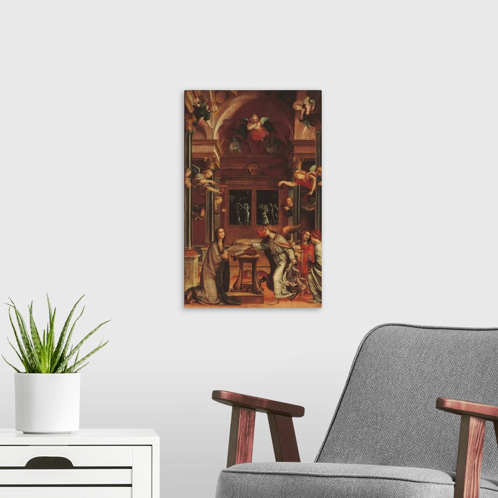 A modern room featuring The Annunciation, by Unknown Artist, 16th Century, - Italy, Lombardy, Milan, Brera Art Gallery, S...