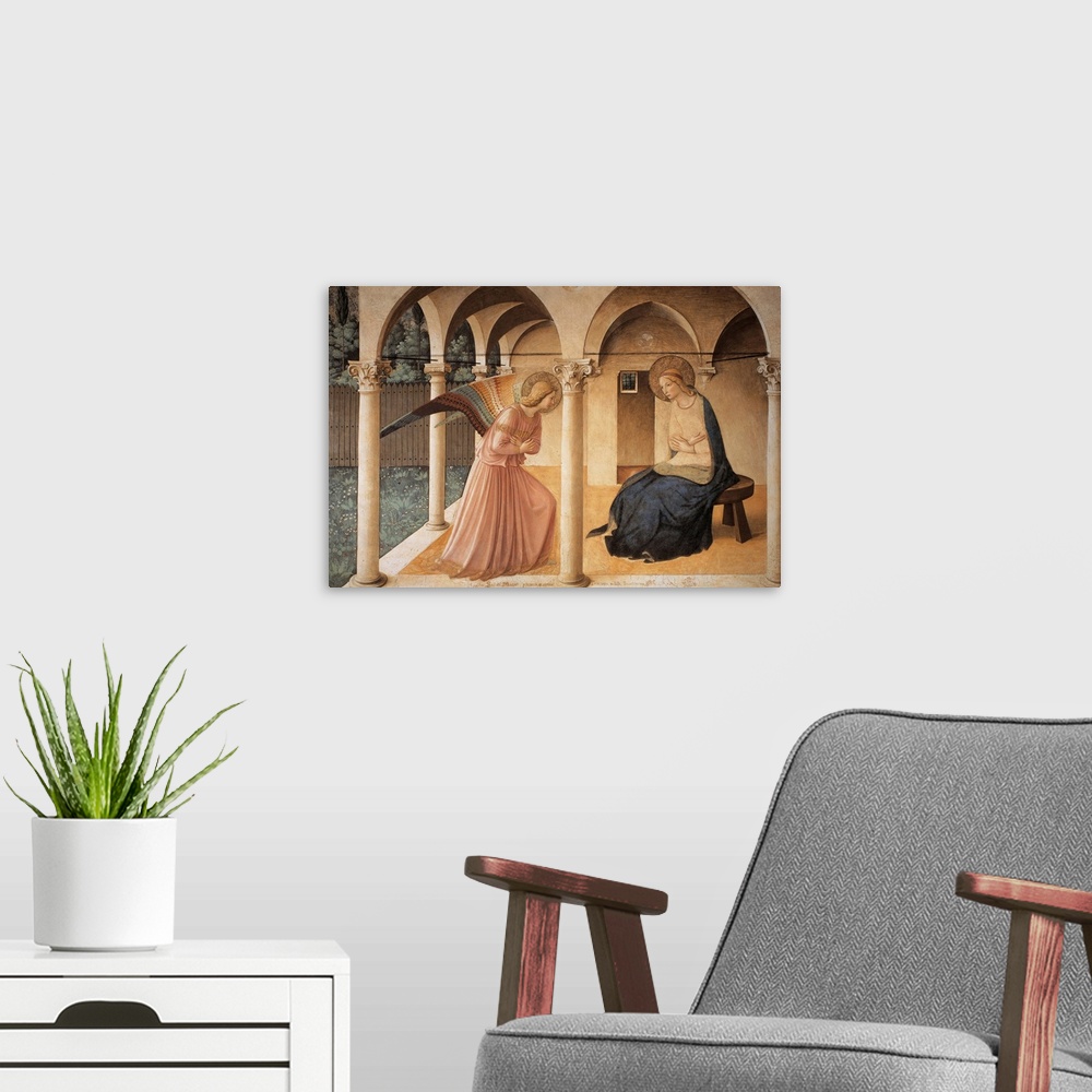A modern room featuring The Annunciation, by Guido di Pietro (or Piero) known as Beato Angelico, 1438 - 1446 about, 15th ...