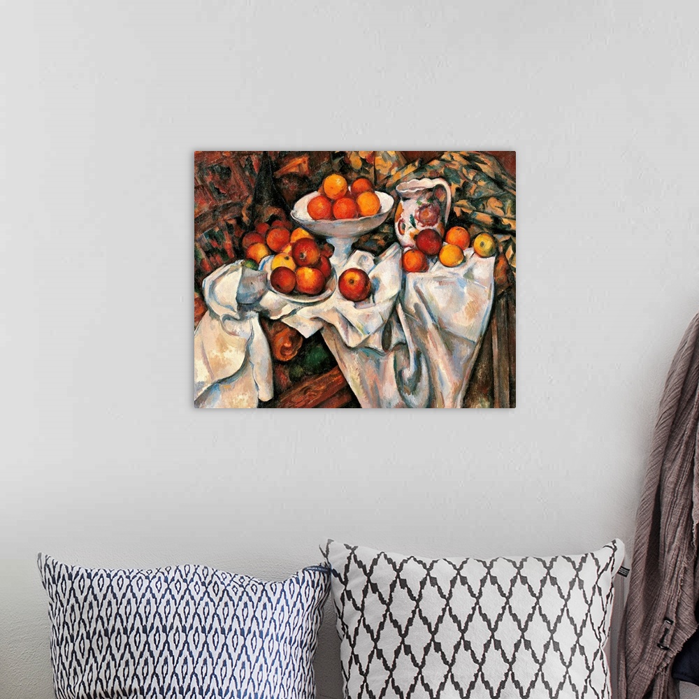 A bohemian room featuring France, Ile de France, Paris, Muse dOrsay, R.F. 1972. All. Apples oranges table tablecloth orange...