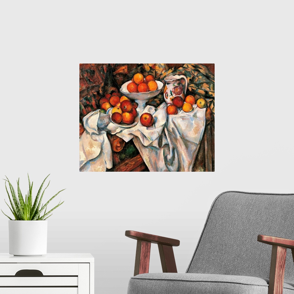 A modern room featuring France, Ile de France, Paris, Muse dOrsay, R.F. 1972. All. Apples oranges table tablecloth orange...