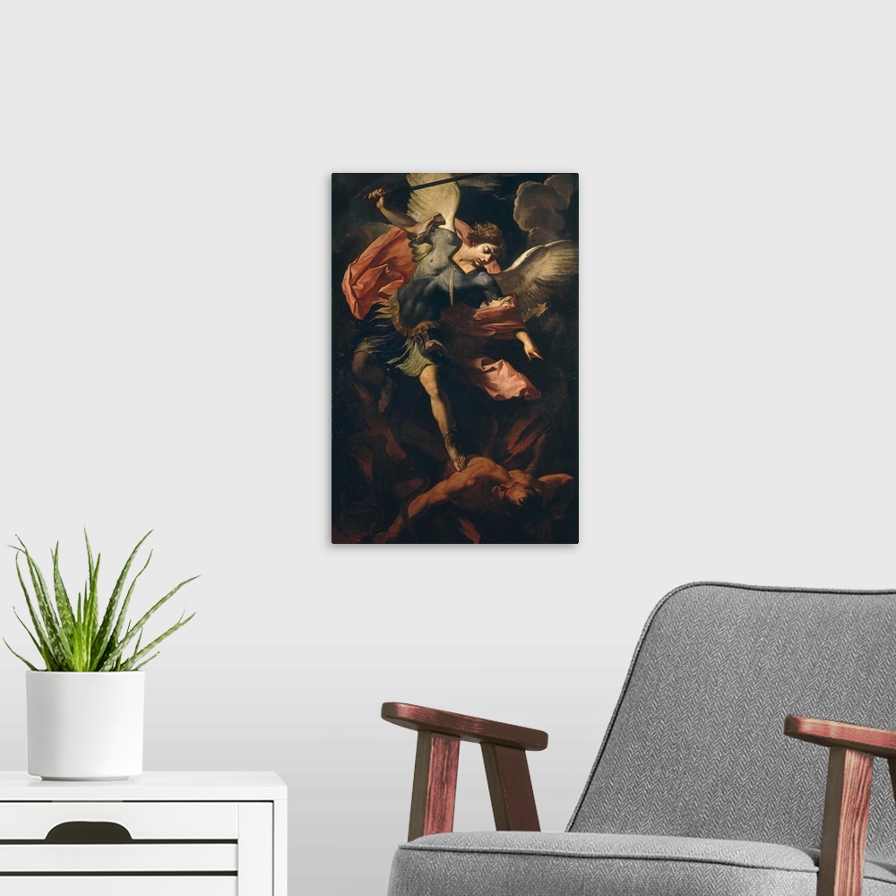 A modern room featuring Archangel Michael Defeating Lucifer, By Panfilo Nuvolone