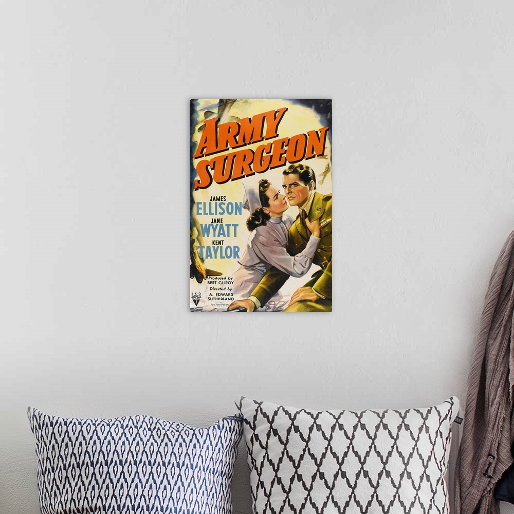 A bohemian room featuring ARMY SURGEON, US poster, from left: Jane Wyatt, James Ellison, 1942