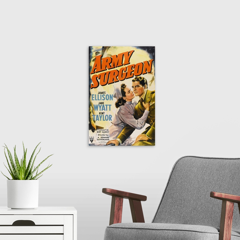 A modern room featuring ARMY SURGEON, US poster, from left: Jane Wyatt, James Ellison, 1942