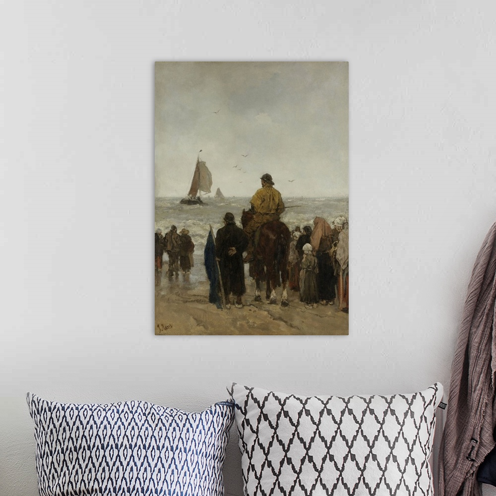 A bohemian room featuring Arrival of the Boats, by Jacob Maris, 1884, Dutch painting, oil on canvas. At Scheveningen, beach...