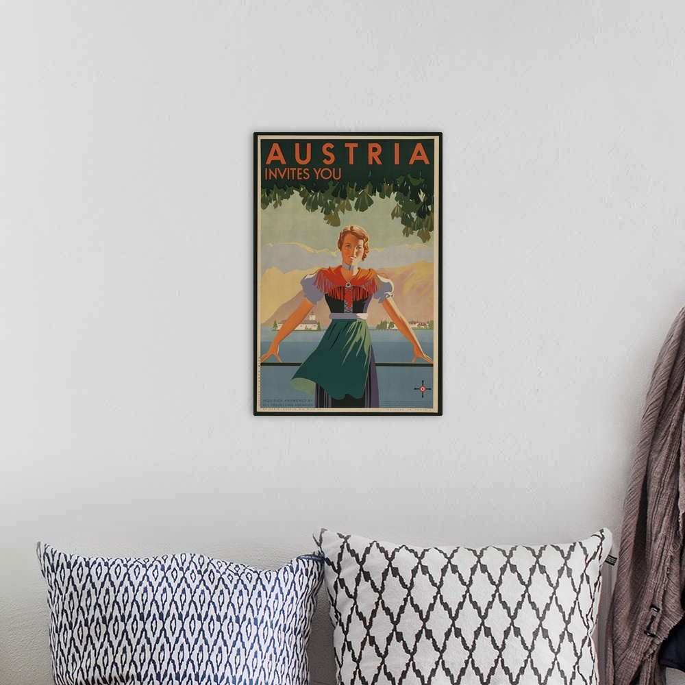 A bohemian room featuring Austria Invites You! 1934 travel poster shows young woman in front of stylized village and mounta...