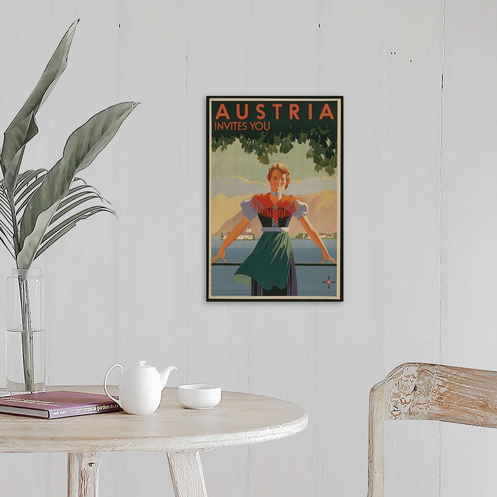 A farmhouse room featuring Austria Invites You! 1934 travel poster shows young woman in front of stylized village and mounta...