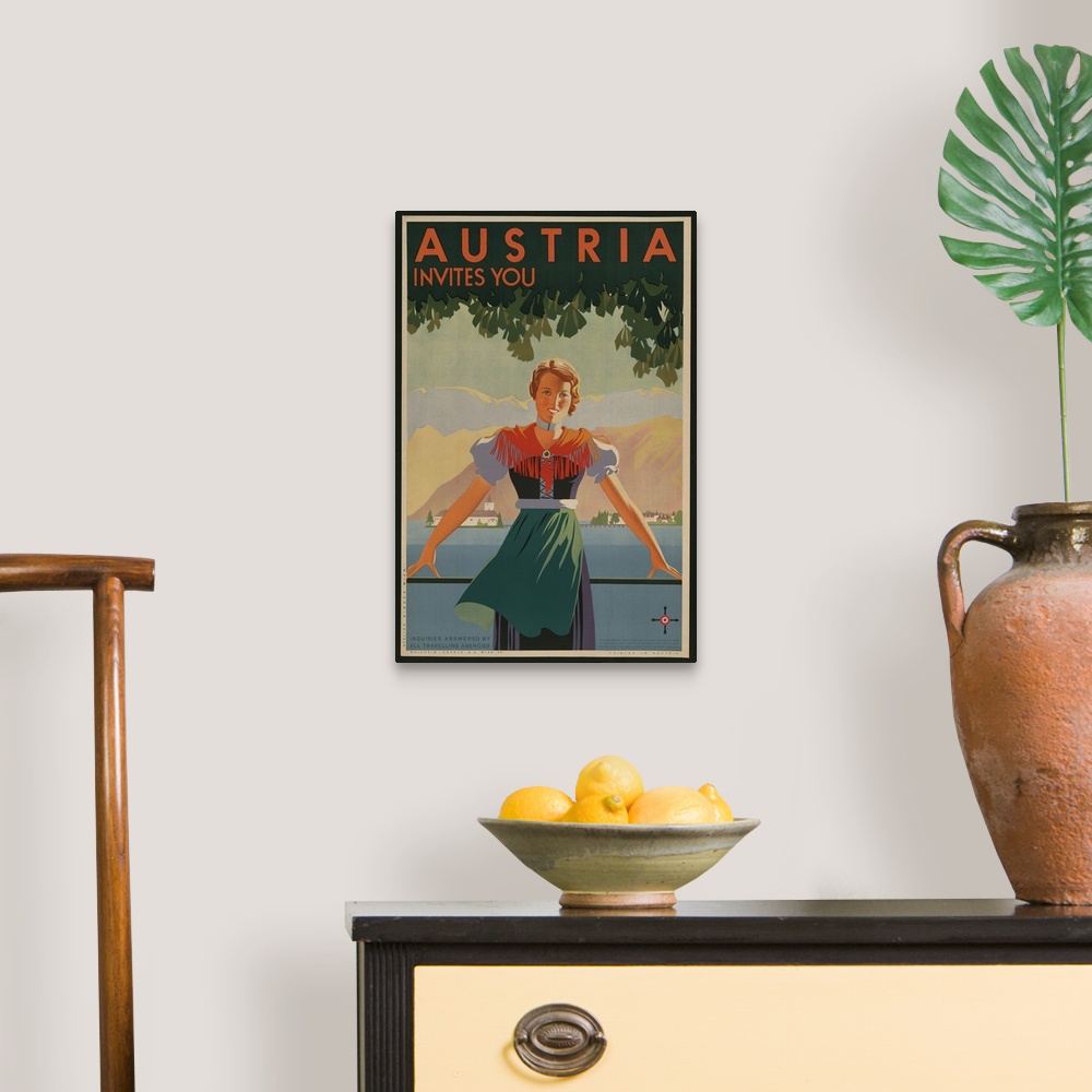 A traditional room featuring Austria Invites You! 1934 travel poster shows young woman in front of stylized village and mounta...
