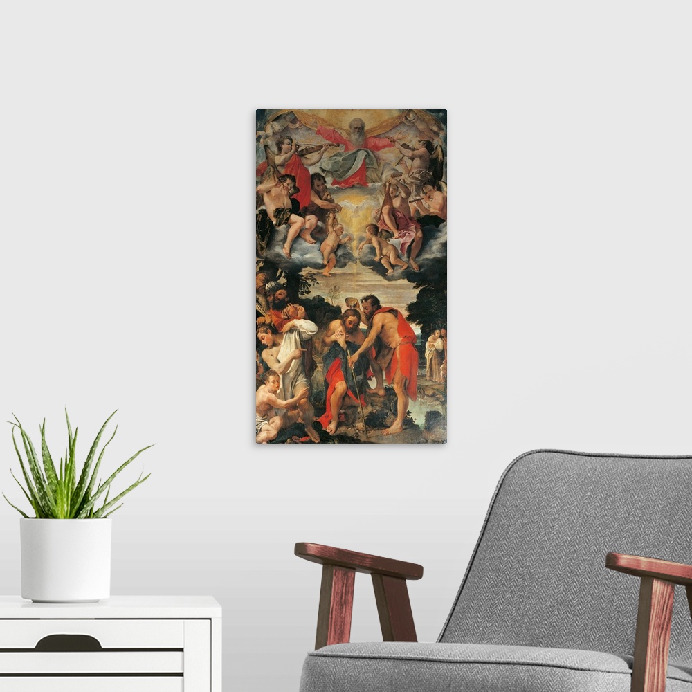 A modern room featuring Baptism of Christ, by Annibale Carracci, 1585, 16th Century, oil on canvas, cm 383 x 225 - Italy,...