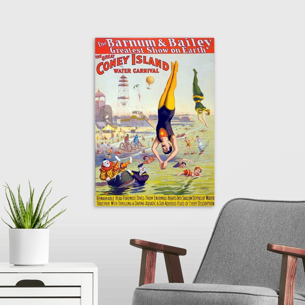 A modern room featuring Barnum and Bailey's Great  Water Carnival high divers and clowns performing in the ocean at Coney...