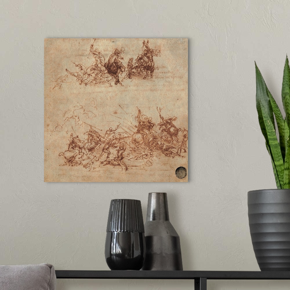 A modern room featuring Leonardo da Vinci, Study for the Battle of Anghiari: Fight between Foot Soldiers and Riders (Two ...