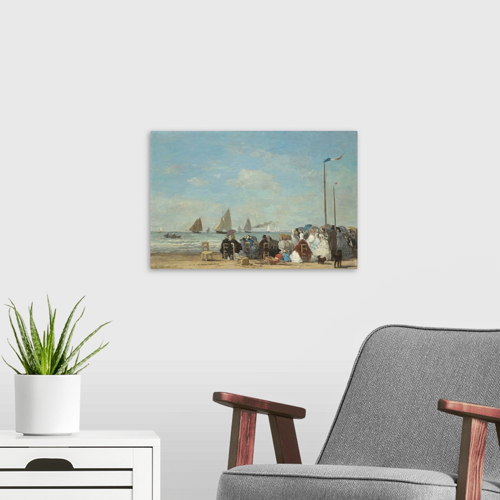 A modern room featuring Beach Scene at Trouville, by Eugene Boudin, 1863, French impressionist painting, oil on wood pane...