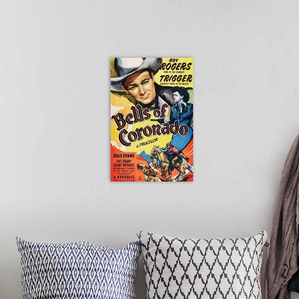 A bohemian room featuring Bells Of Coronado, US Poster Art, From Left: Roy Rogers, Dale Evans, 1950.