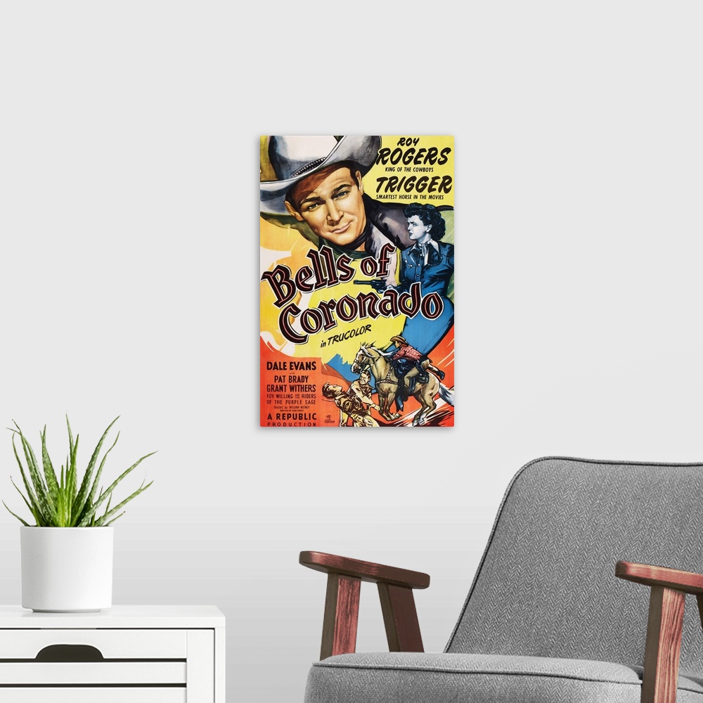 A modern room featuring Bells Of Coronado, US Poster Art, From Left: Roy Rogers, Dale Evans, 1950.
