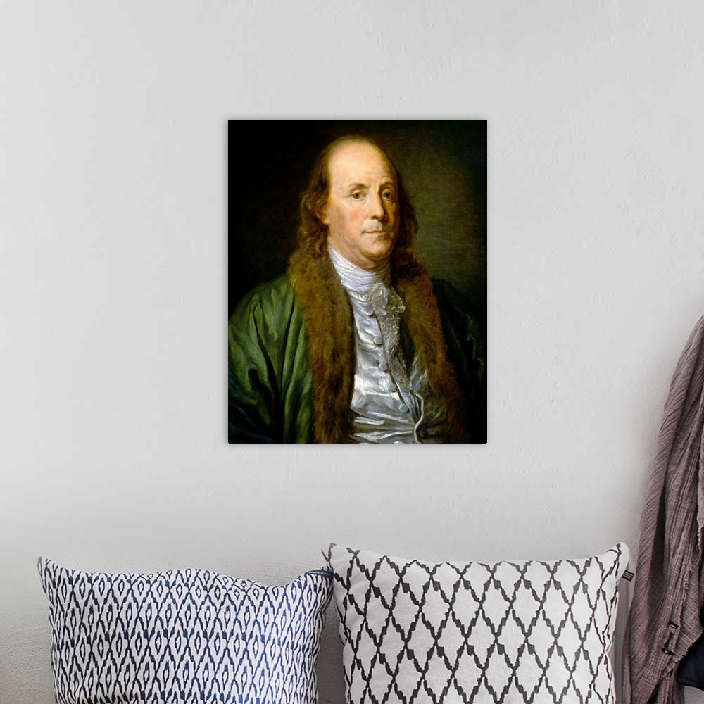 A bohemian room featuring Benjamin Franklin, by Jean-Baptiste Greuze (copy) 1777, French painting, oil on canvas. Franklin ...