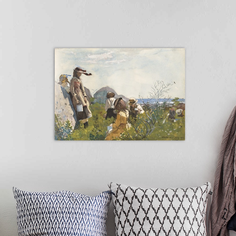 A bohemian room featuring Berry Pickers, by Winslow Homer, 1873, American painting, watercolor on paper. Seven children wit...
