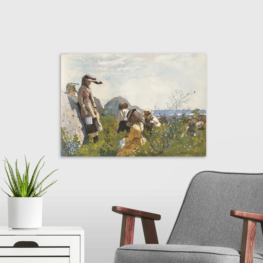 A modern room featuring Berry Pickers, by Winslow Homer, 1873, American painting, watercolor on paper. Seven children wit...