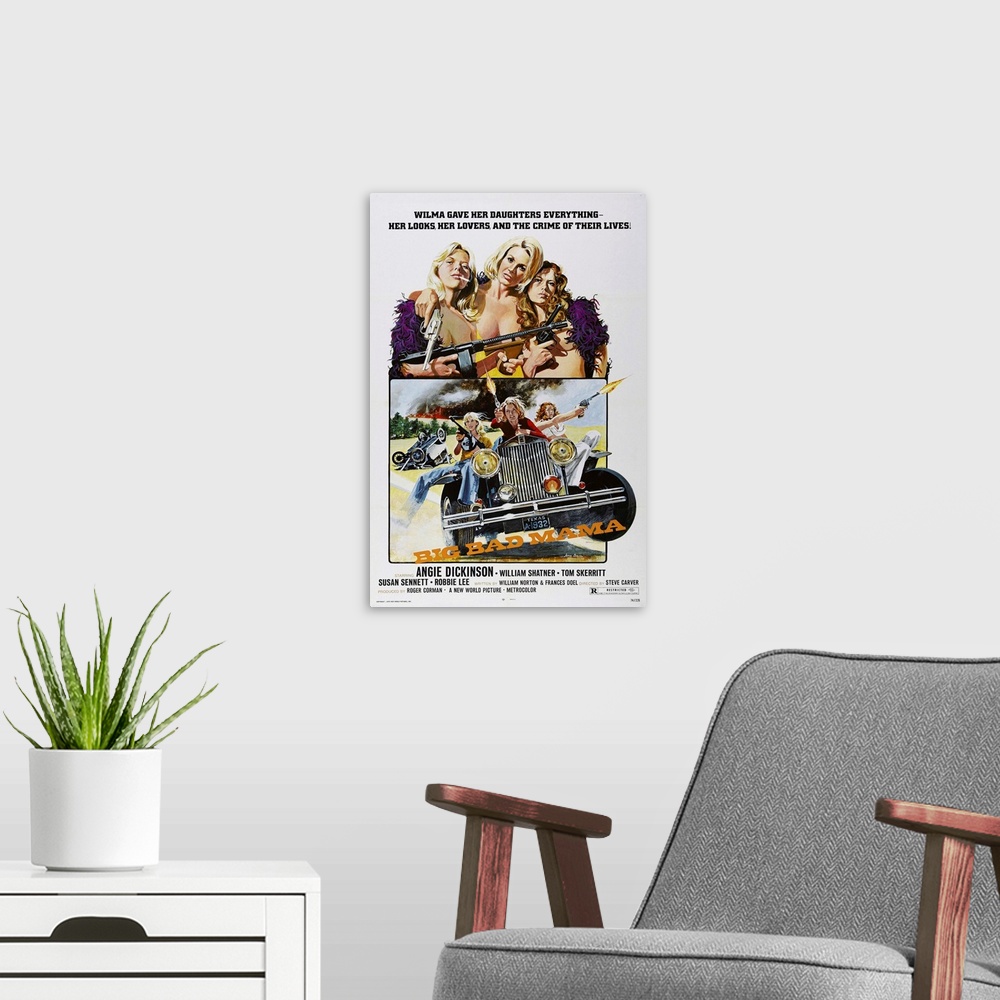 A modern room featuring BIG BAD MAMA, US poster art, Angie Dickinson (center), 1974