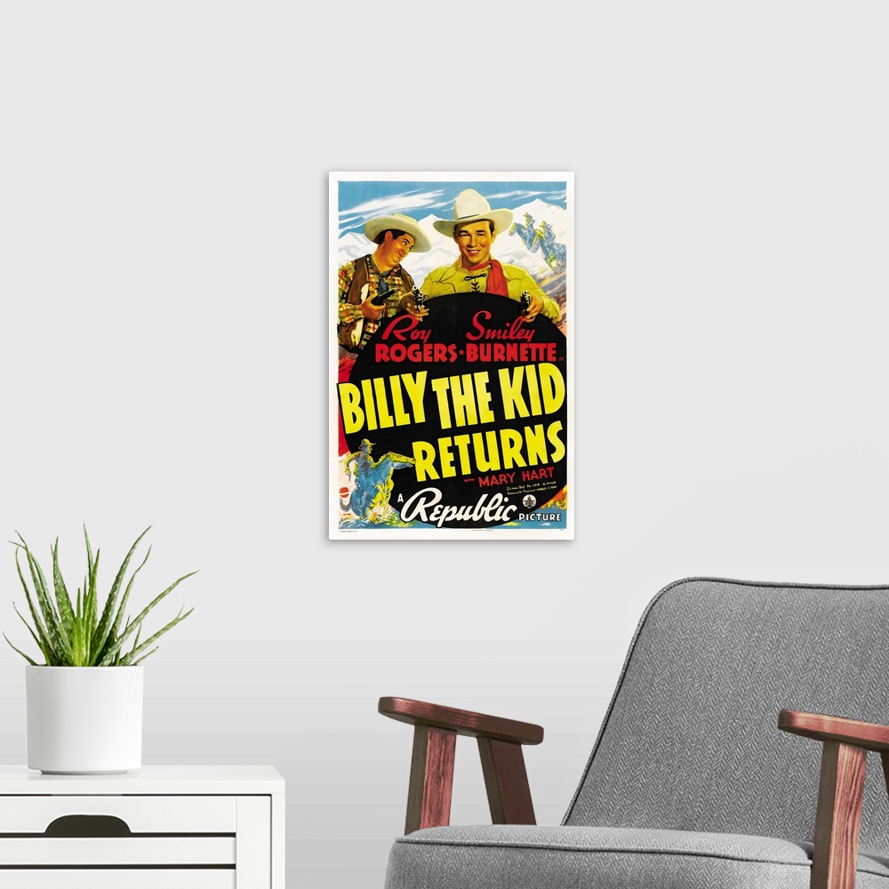 A modern room featuring Billy the Kid Returns - Vintage Movie Poster