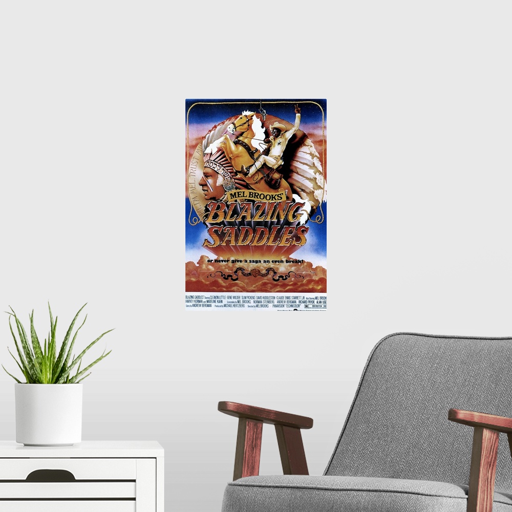 A modern room featuring Blazing Saddles - Vintage Movie Poster