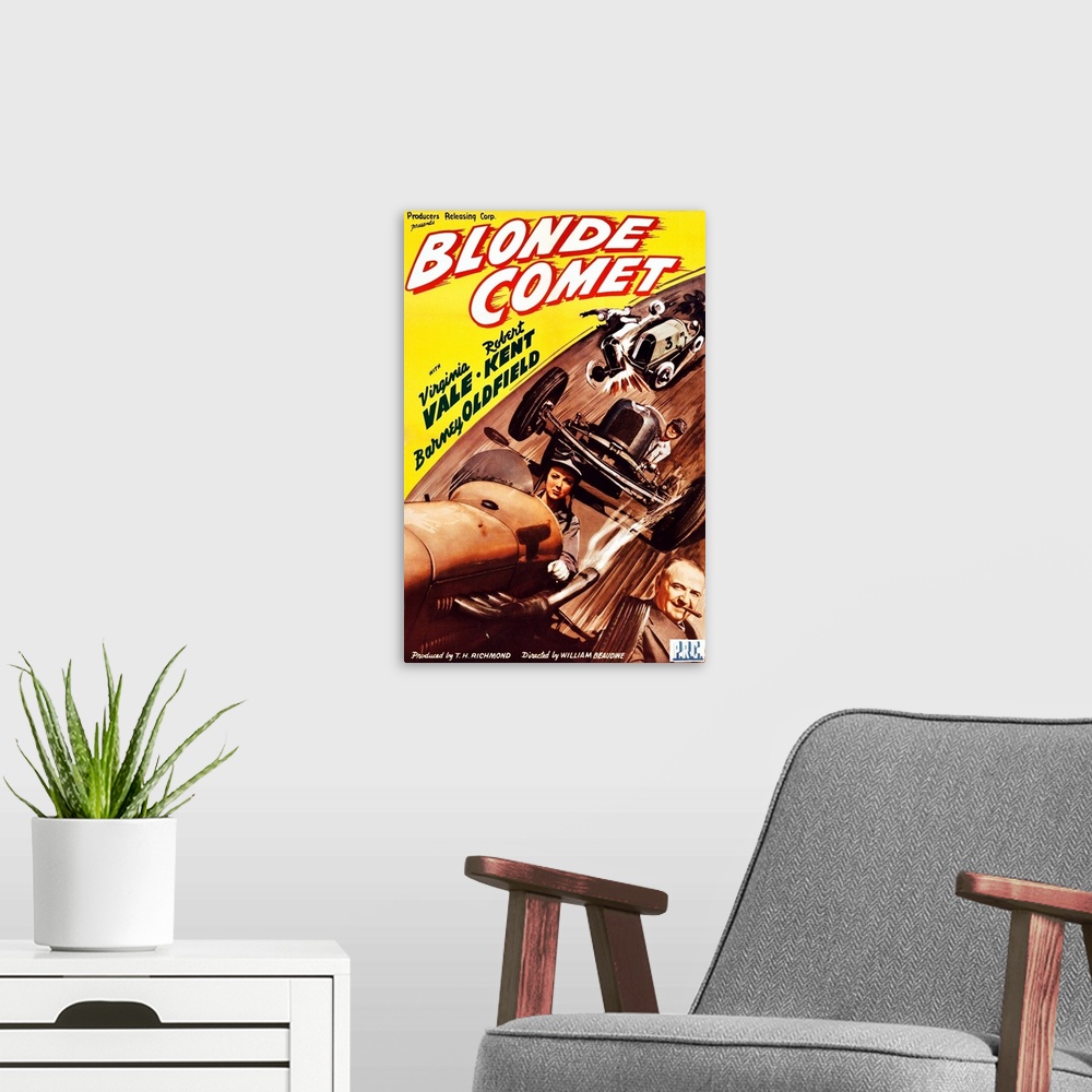 A modern room featuring Blonde Comet, L-R: Virginia Vale, Robert Kent Lower Right: Barney Oldfield On Poster Art, 1941.