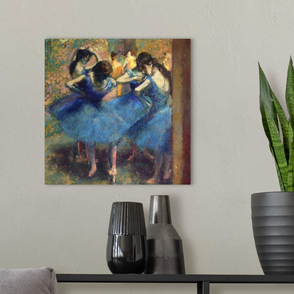 A modern room featuring Edgar Degas, French School. Blue Dancers. Oil on canvas, 0.85 x 0.75 m. Paris, musee d'Orsay. c65...
