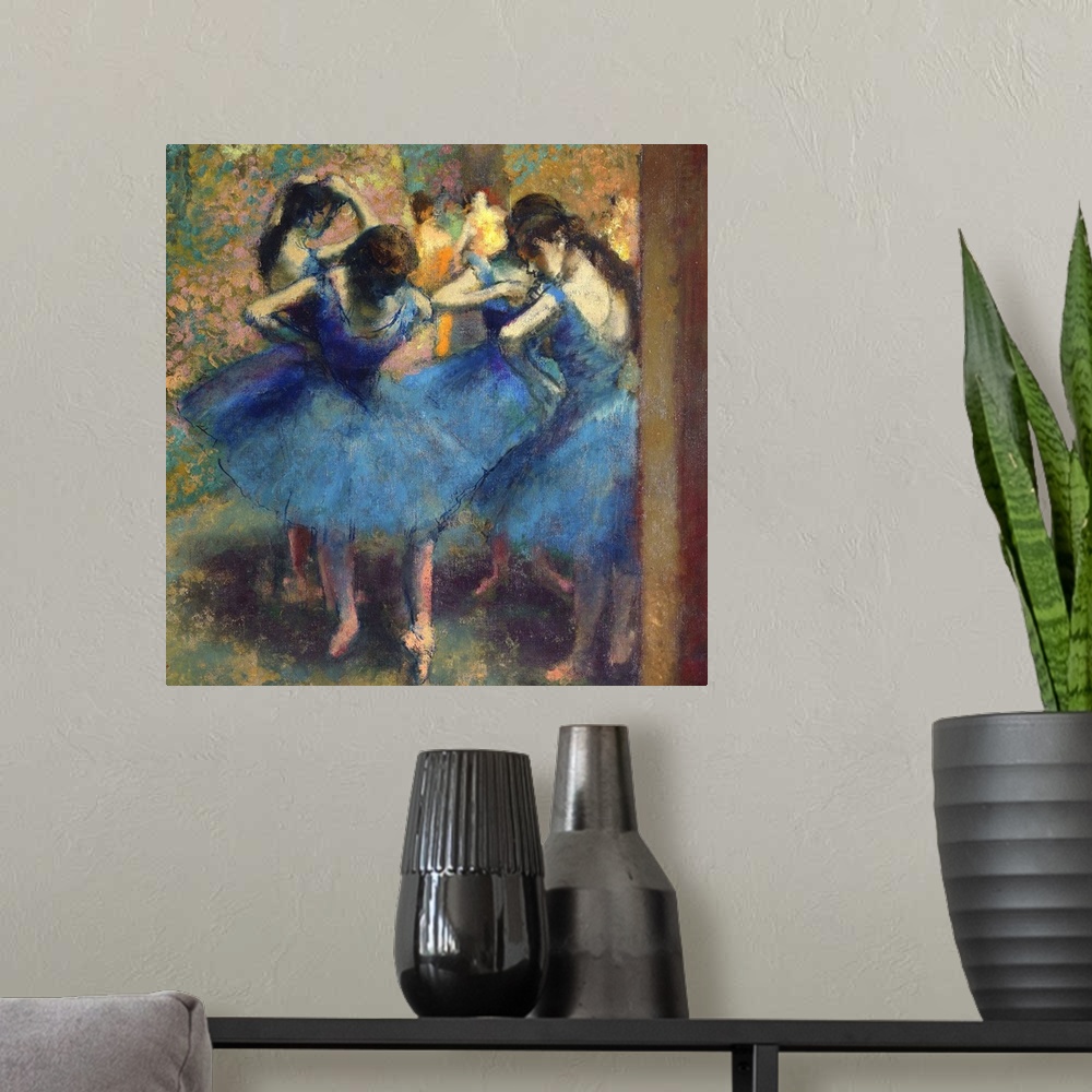 A modern room featuring Edgar Degas, French School. Blue Dancers. Oil on canvas, 0.85 x 0.75 m. Paris, musee d'Orsay. c65...