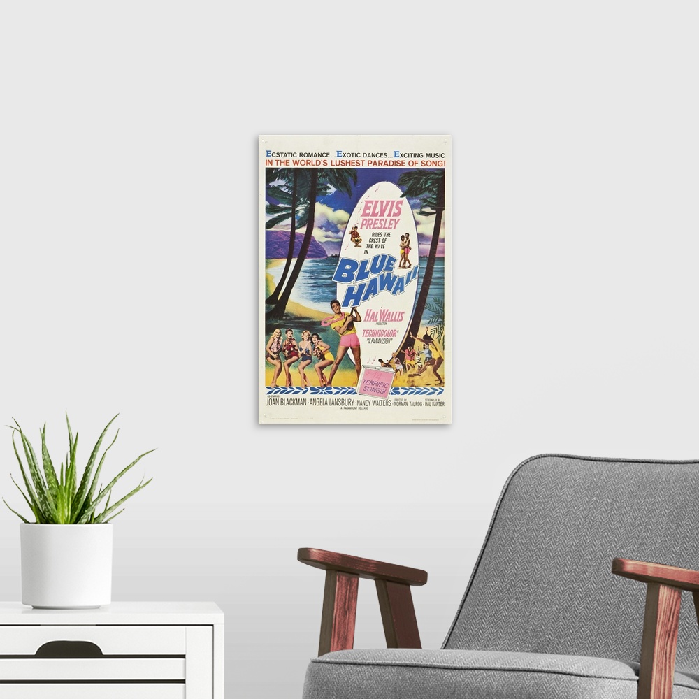 A modern room featuring Blue Hawaii - Vintage Movie Poster