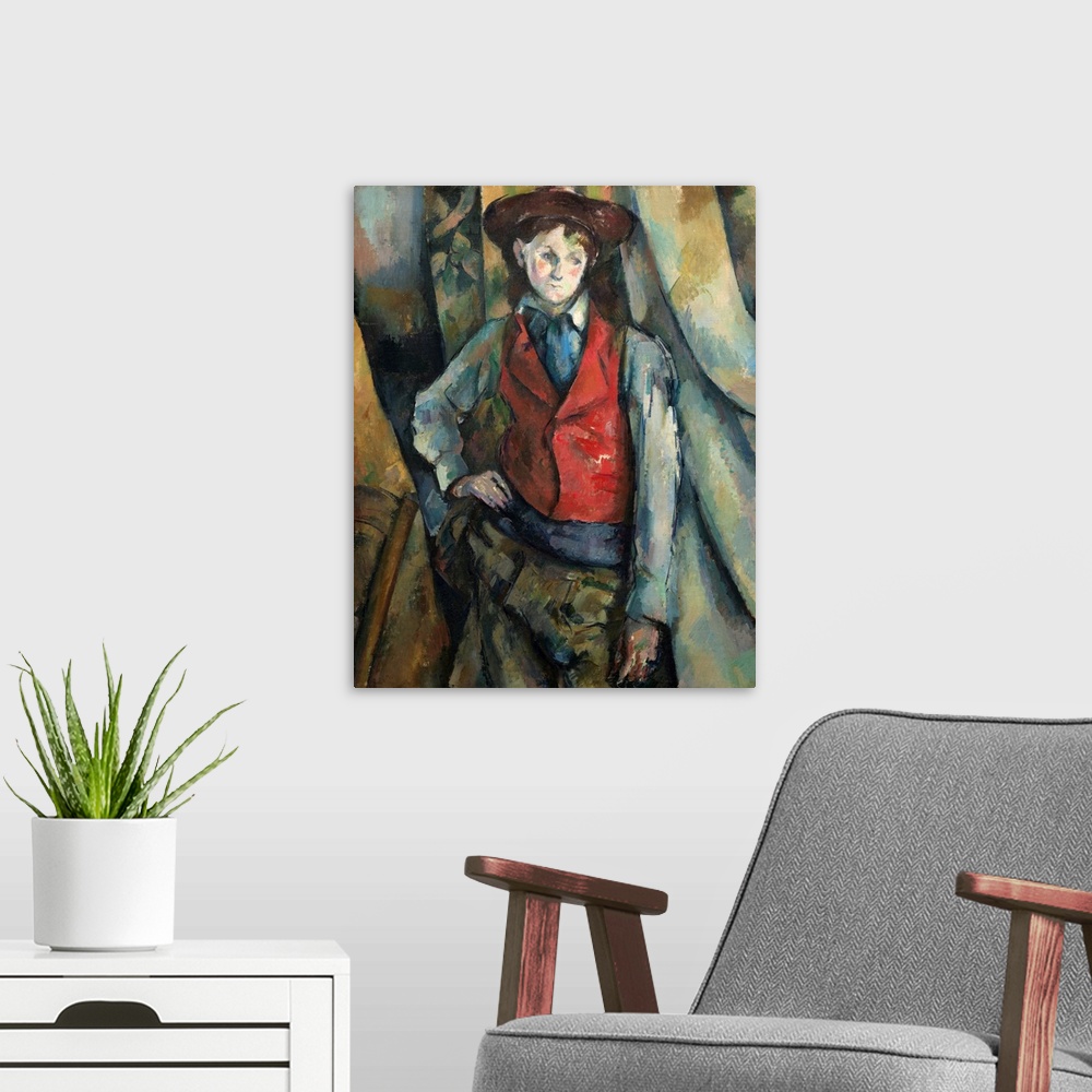 A modern room featuring Boy in a Red Waistcoat, by Paul Cezanne, 1888-90, French Post-Impressionist painting, oil on canv...