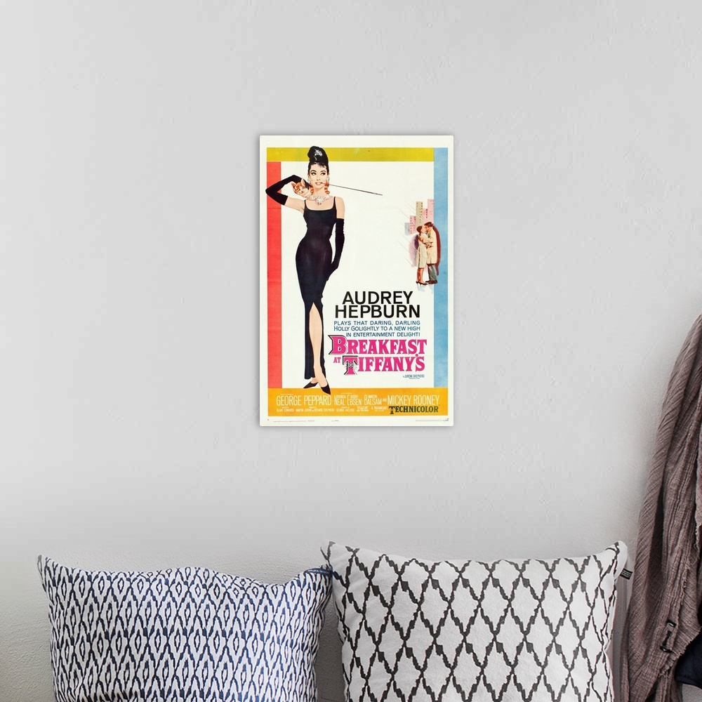 A bohemian room featuring BREAKFAST AT TIFFANY'S, poster, Audrey Hepburn, George Peppard, 1961.