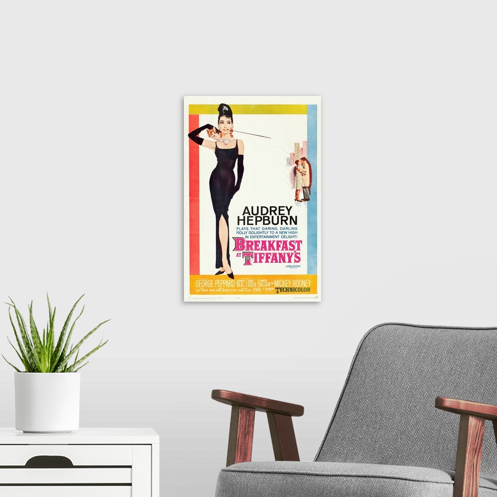 A modern room featuring BREAKFAST AT TIFFANY'S, poster, Audrey Hepburn, George Peppard, 1961.