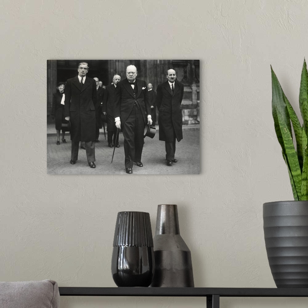 A modern room featuring British leaders leaving the Westminster Abby memorial service for David Lloyd George. L-R: Foreig...