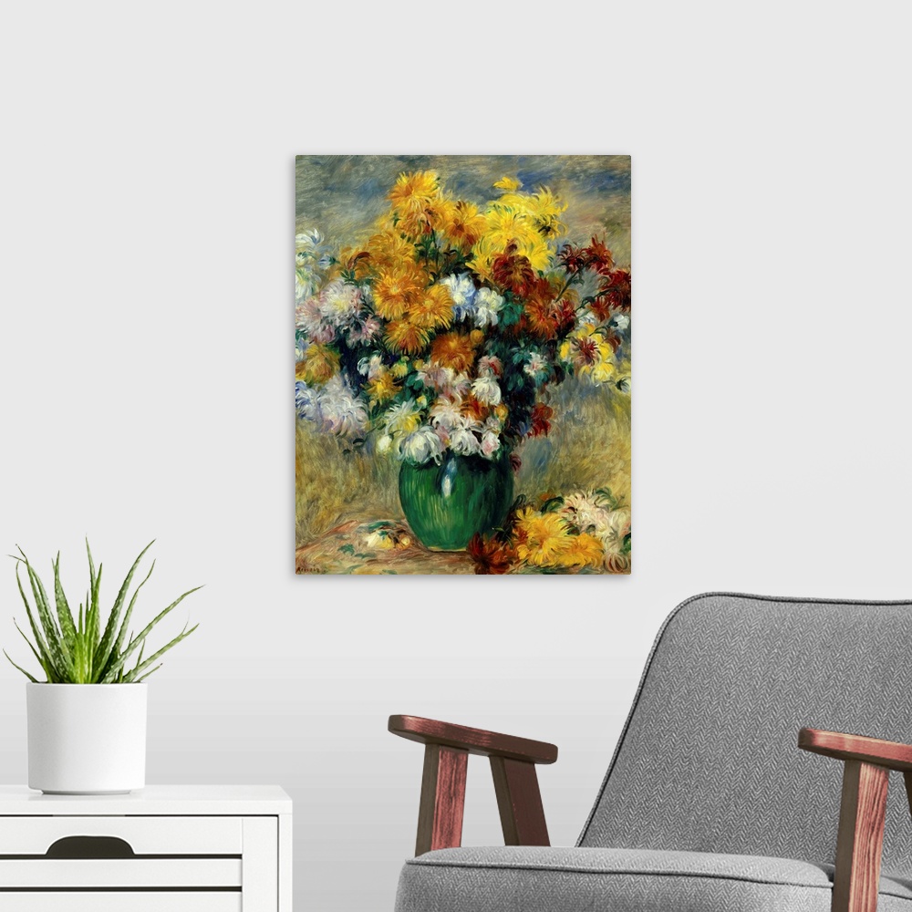 A modern room featuring 1556, Pierre Auguste Renoir (1841-1919), French School. Bunch of Chrysanthemums. Oil on canvas.