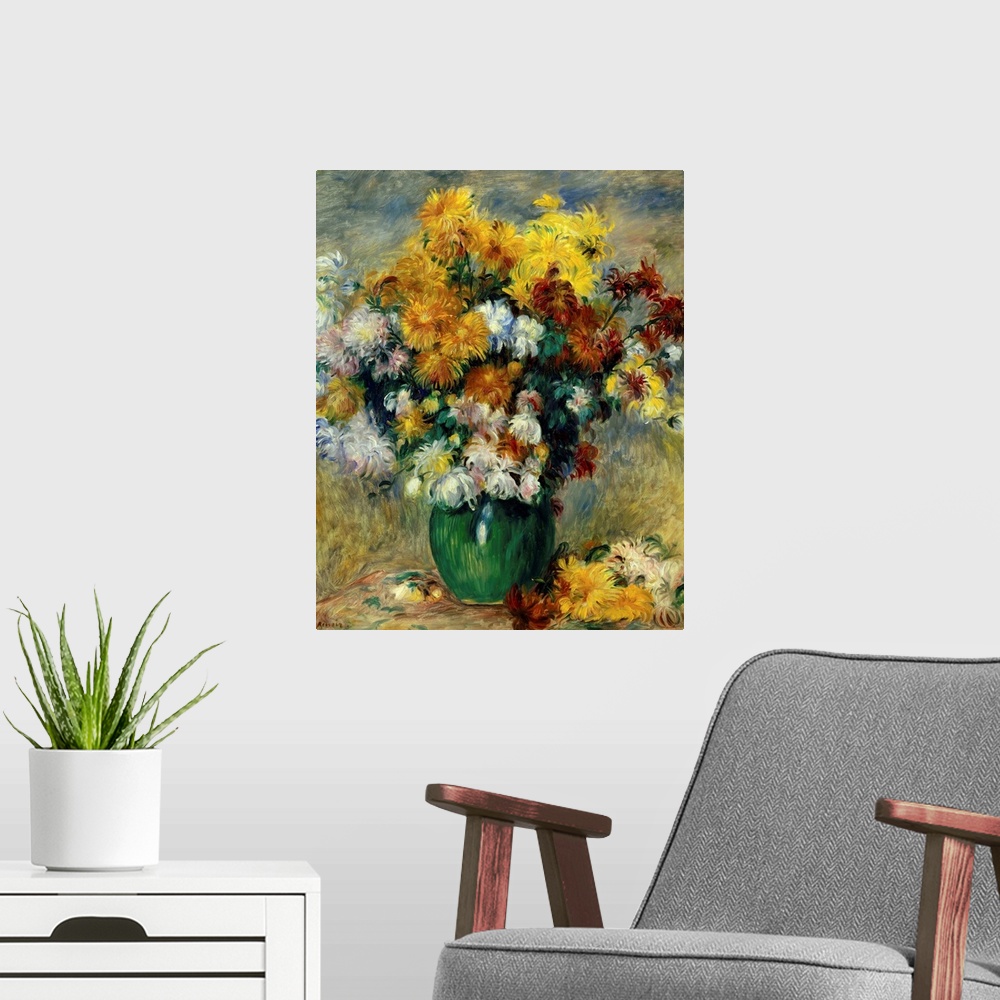 A modern room featuring 1556, Pierre Auguste Renoir (1841-1919), French School. Bunch of Chrysanthemums. Oil on canvas.