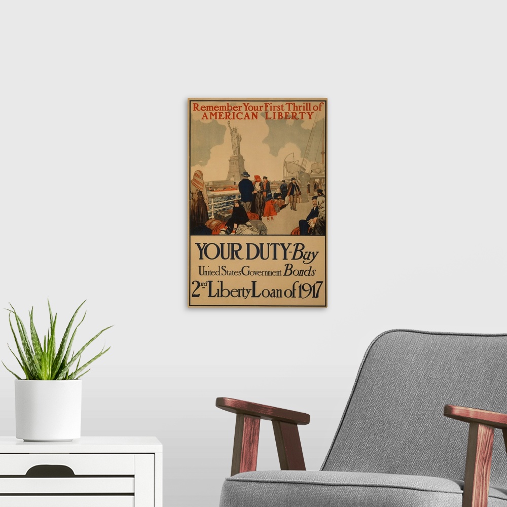 A modern room featuring Buy US Government Bonds - Vintage Propaganda Poster