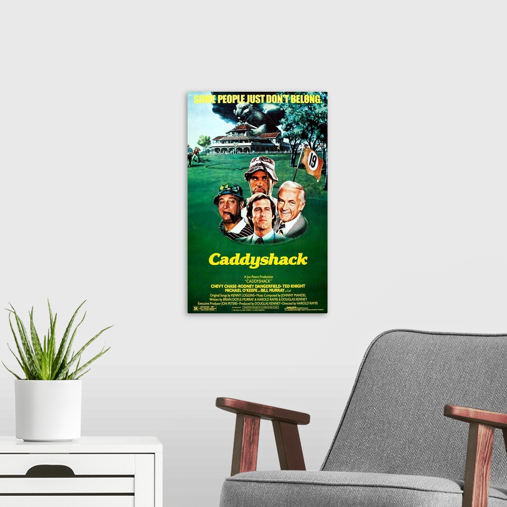 A modern room featuring CADDYSHACK, US poster art, from left: Rodney Dangerfield, Bill Murray, Chevy Chase, Ted Knight, 1...